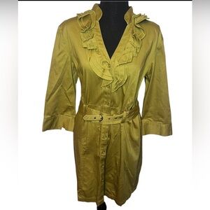 Maranda Gordon Studios Olive Green Ruffle Trench Dress Belted Sz M 3/4 Sleeve